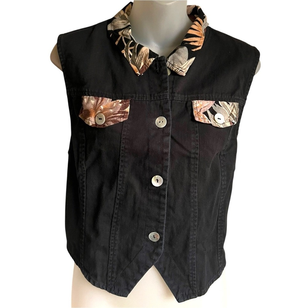 Vintage Paquette Women's L Black Vest Floral Trim Cottage Boho Western 90s USA - Picture 2 of 9